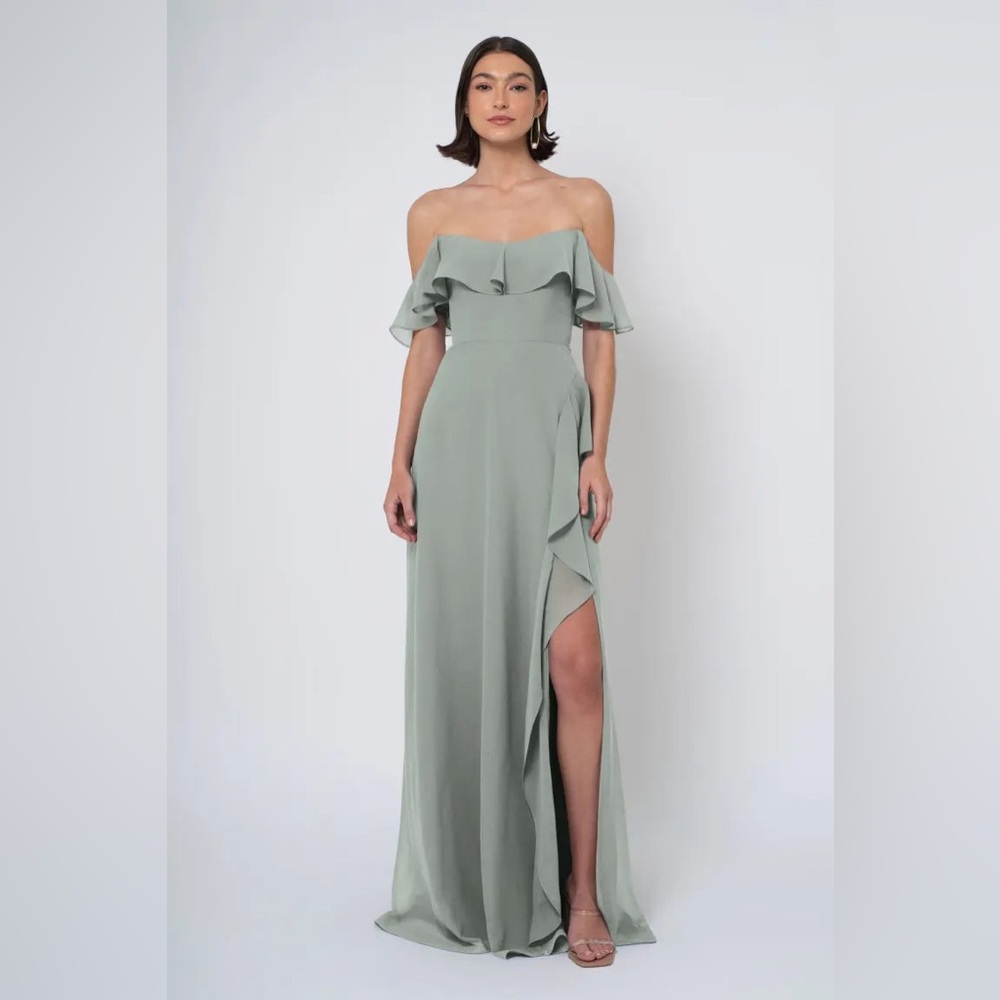 Jenny Yoo Green Ruffled Slit Gown